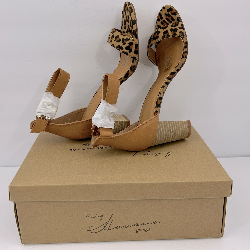 VINTAGE HAVANA,BEIGE & COFFEE LEOPARD PRINT OPEN TOE MIDTOP, ANKLE LOOP W/BUCKLE - Picture 5 of 14